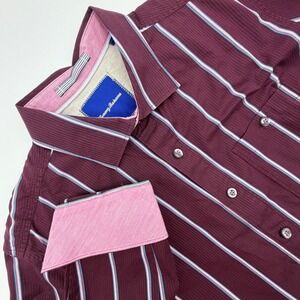 Tommy Bahama Mens Large Maroon Striped Long Sleeve Cotton Button Down Shirt L